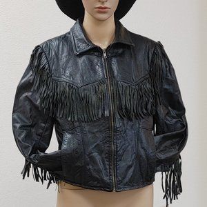 Berman's Sz 14 Black Leather Fringe Jacket